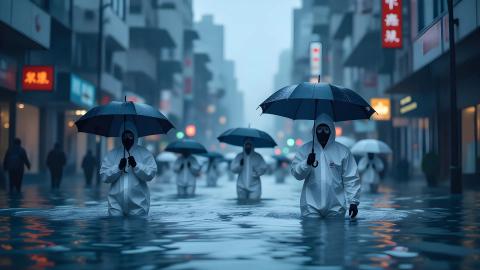 梅雨入りで街がバイオ村に、傘が防護服認定