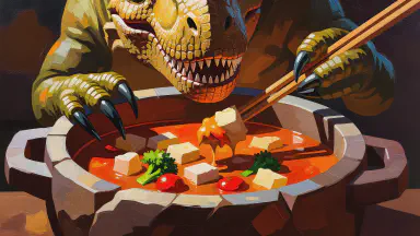 白亜紀で「鍋奉行」のT-REXが発見される。「春菊は最後だ」と熱弁、時空探査チームは気まずさのあまり即時帰還 - Style 3