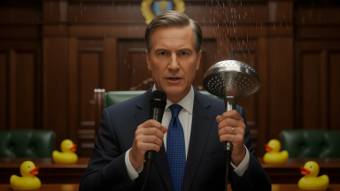 Bathroom Belting Act Passes, Prime Minister Delivers Policy Speech with Showerhead Microphone - Main Image