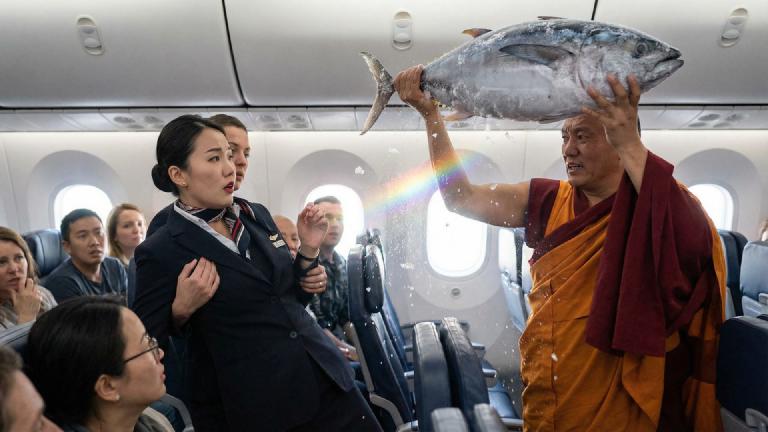 「これは解脱です」仏僧役の俳優、冷凍マグロで航空機を“浄化”。乗務員は恍惚の表情で気絶