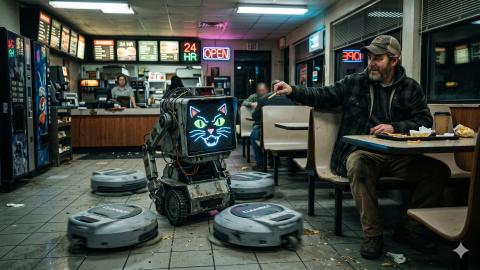 Late-Night Service Area: Serving Robots Gone Feral — A Bloody Turf War with Cleaning Robots Over a Dropped French Fry